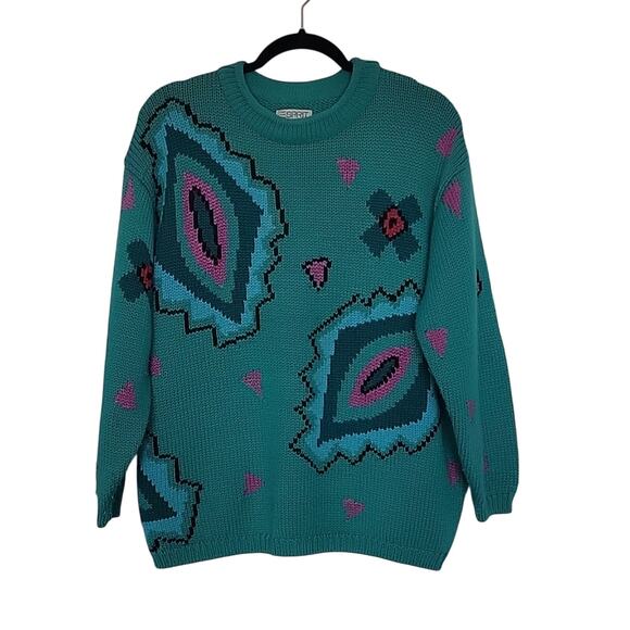 Vintage 1980s Esprit Teal Crewneck Oversize Sweater, S - Picture 1 of 7